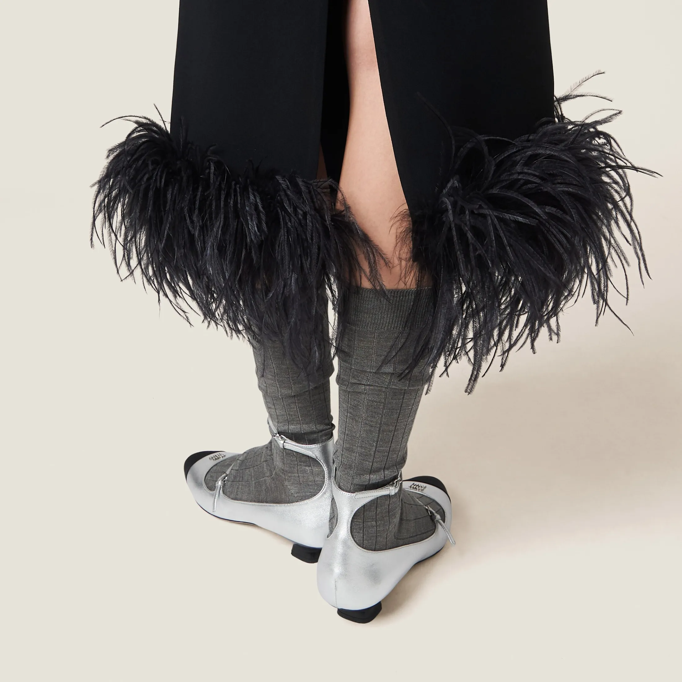 Black Stretch Cady Skirt With Feathers | Miu Miu
