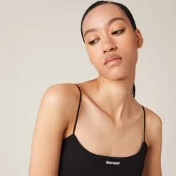 Black Stretch Jersey Top With Logo | Miu Miu