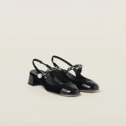 Black Velvet And Patent Leather Slingback Pumps | Miu Miu
