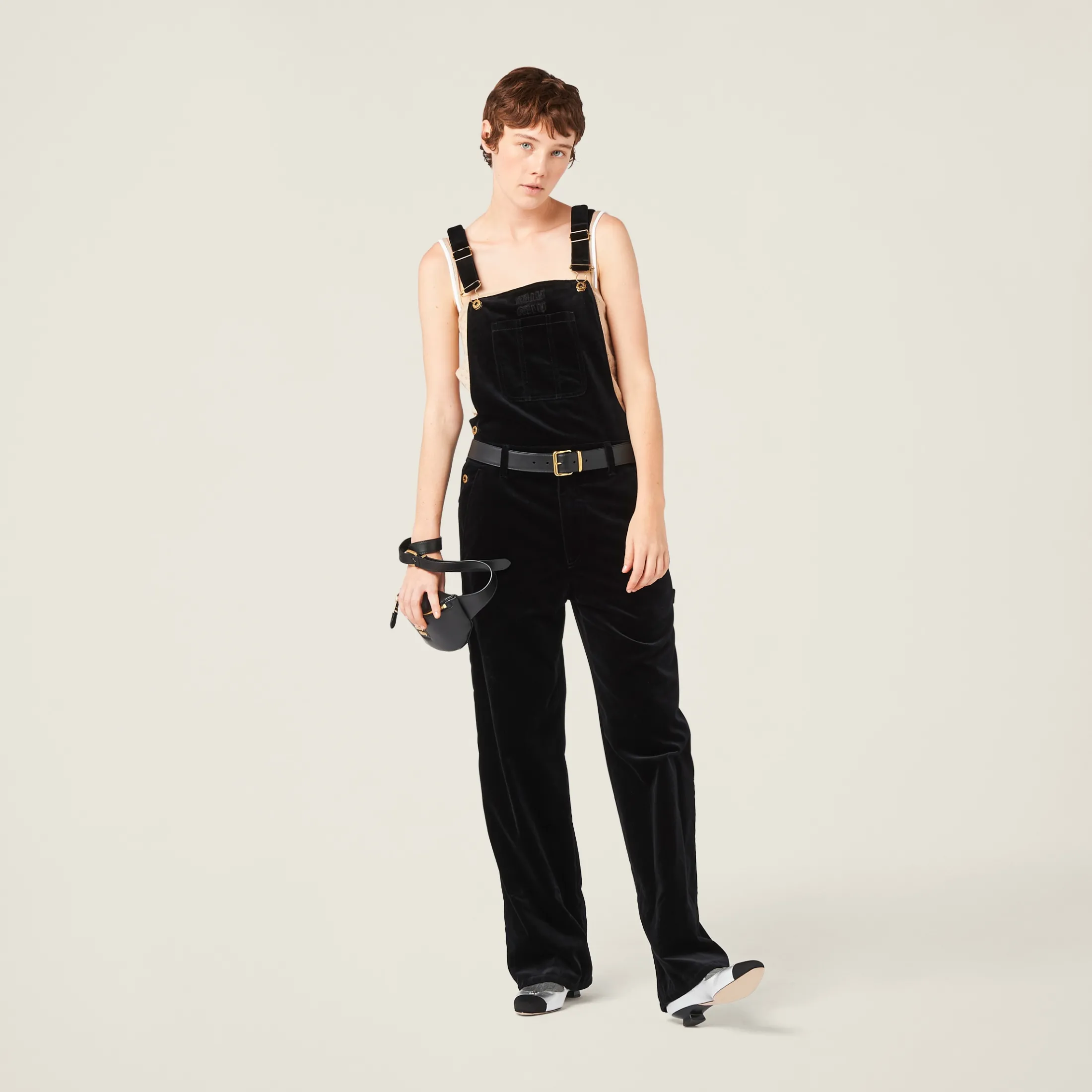Black Velvet Overall Jumpsuit | Miu Miu