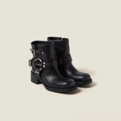 Black Vintage-look Leather Booties | Miu Miu