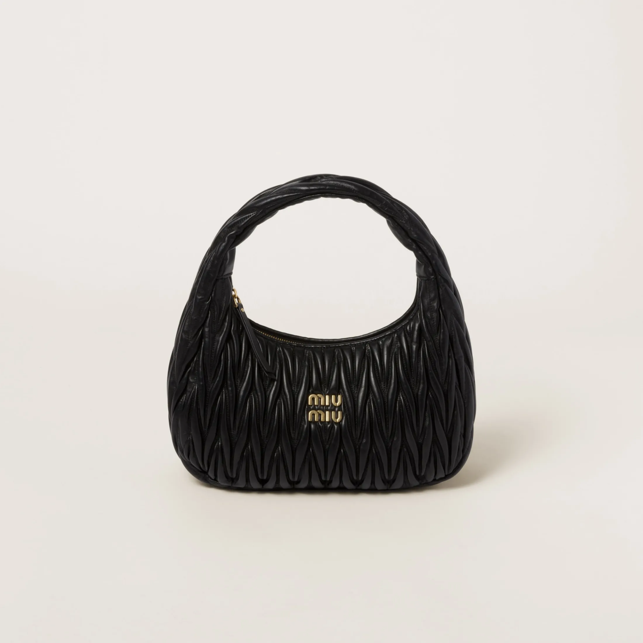 Black Wander Matelassé Nappa Leather Hobo Bag | Miu Miu