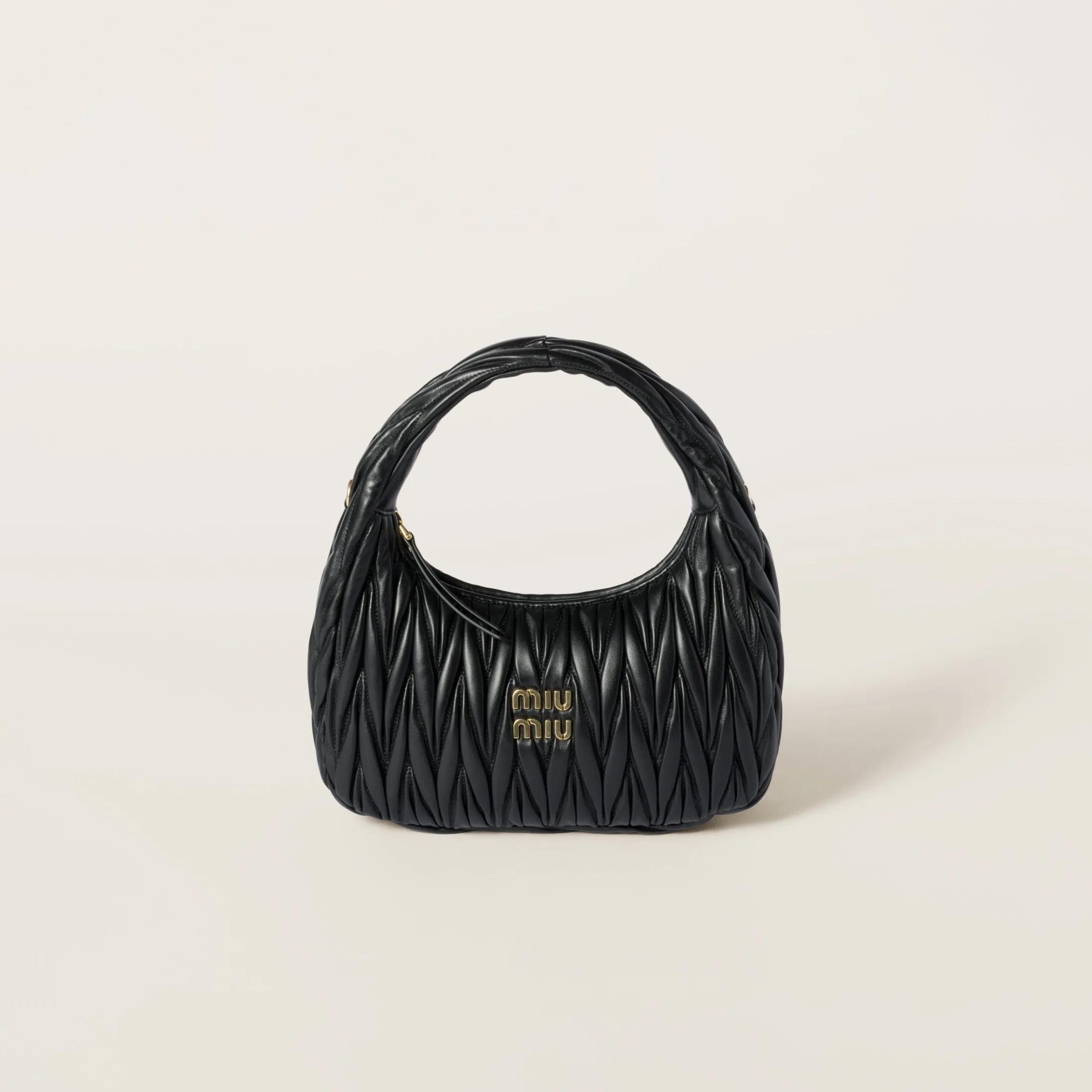 Black Wander Matelassé Nappa Leather Hobo Bag | Miu Miu