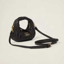 Black Wander Matelassé Nappa Leather Micro Hobo Bag | Miu Miu