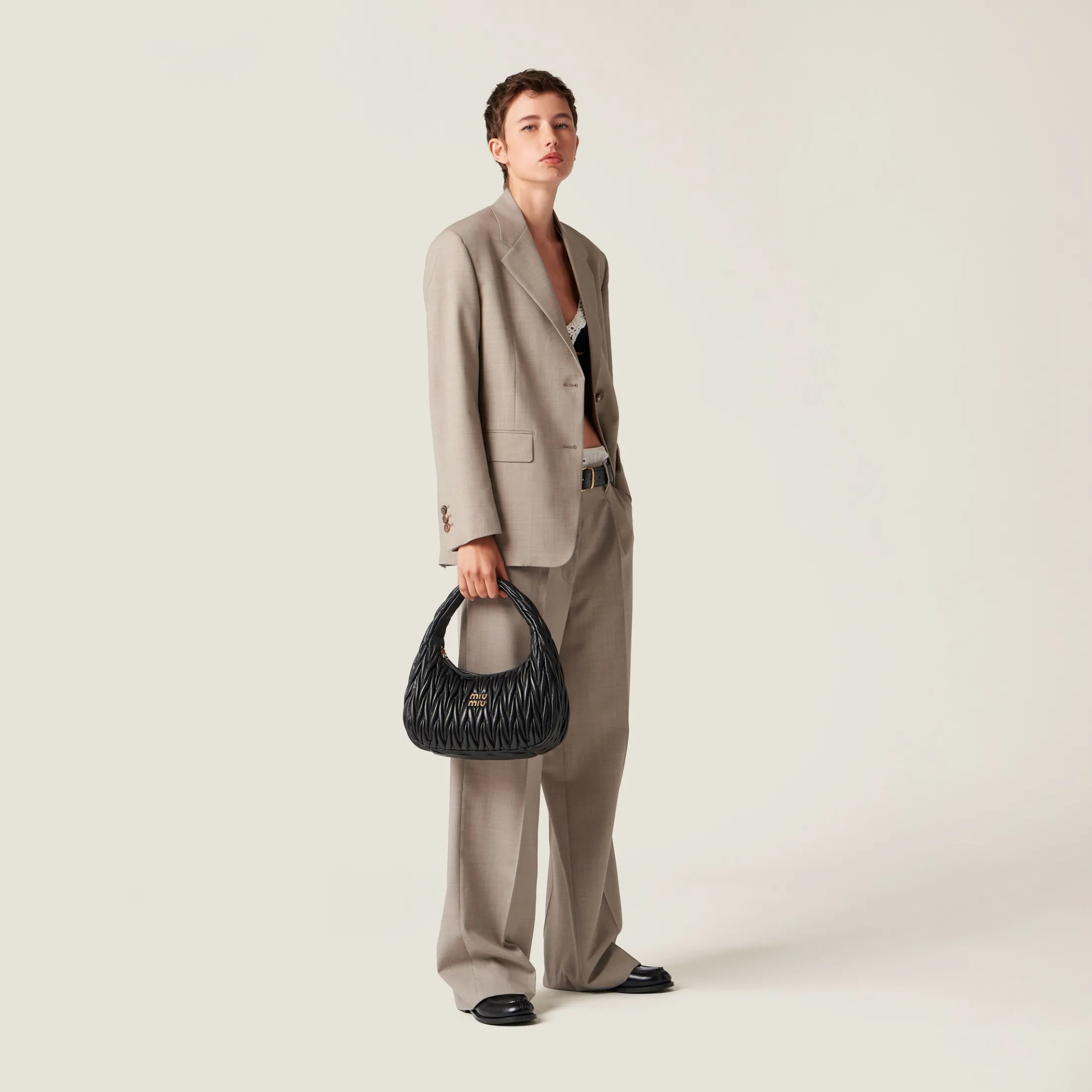 Black Wander Matelassé Nappa Leather Hobo Bag | Miu Miu
