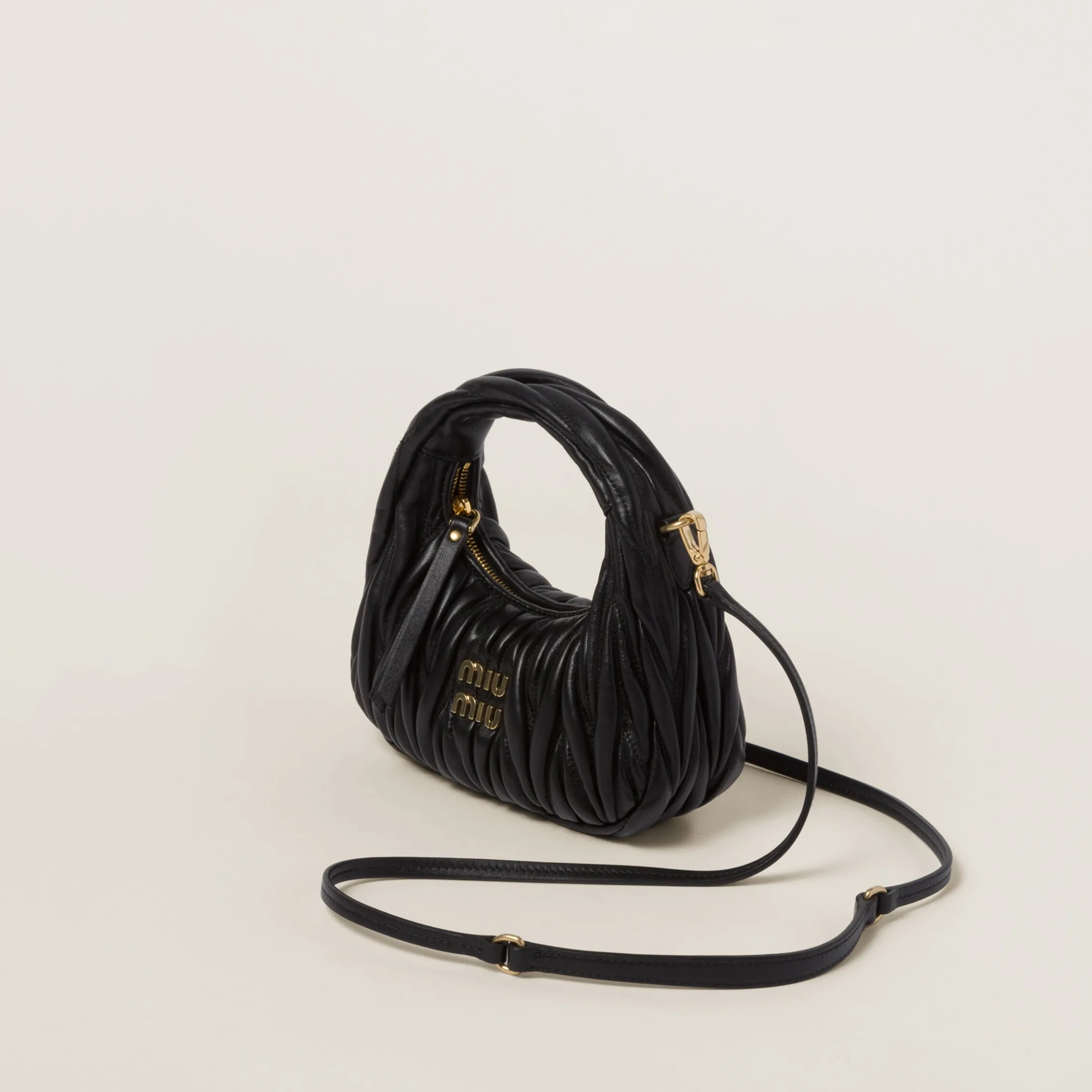 Black Wander Matelassé Nappa Leather Hobo Mini-bag | Miu Miu