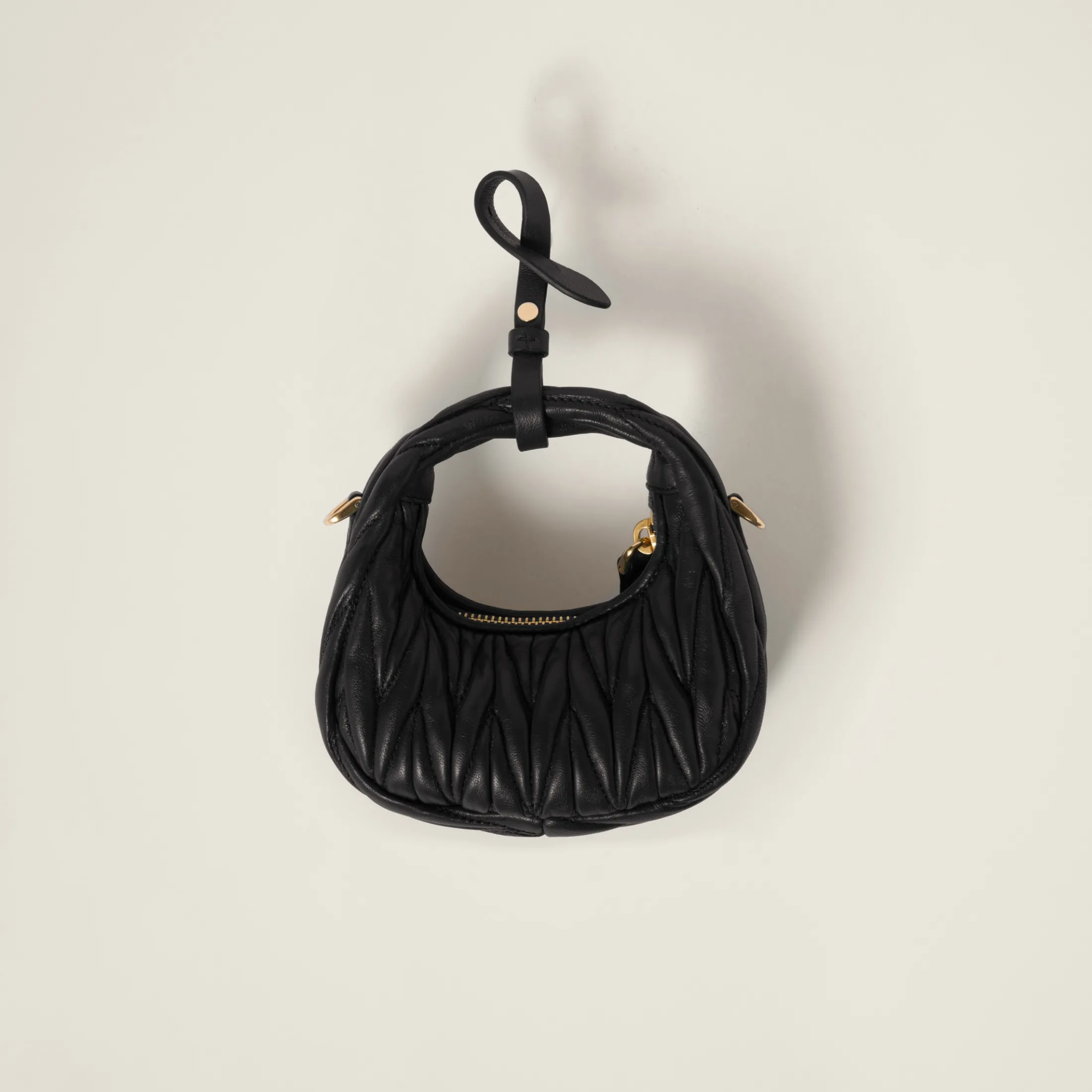 Black Wander Matelassé Nappa Leather Micro Hobo Bag | Miu Miu