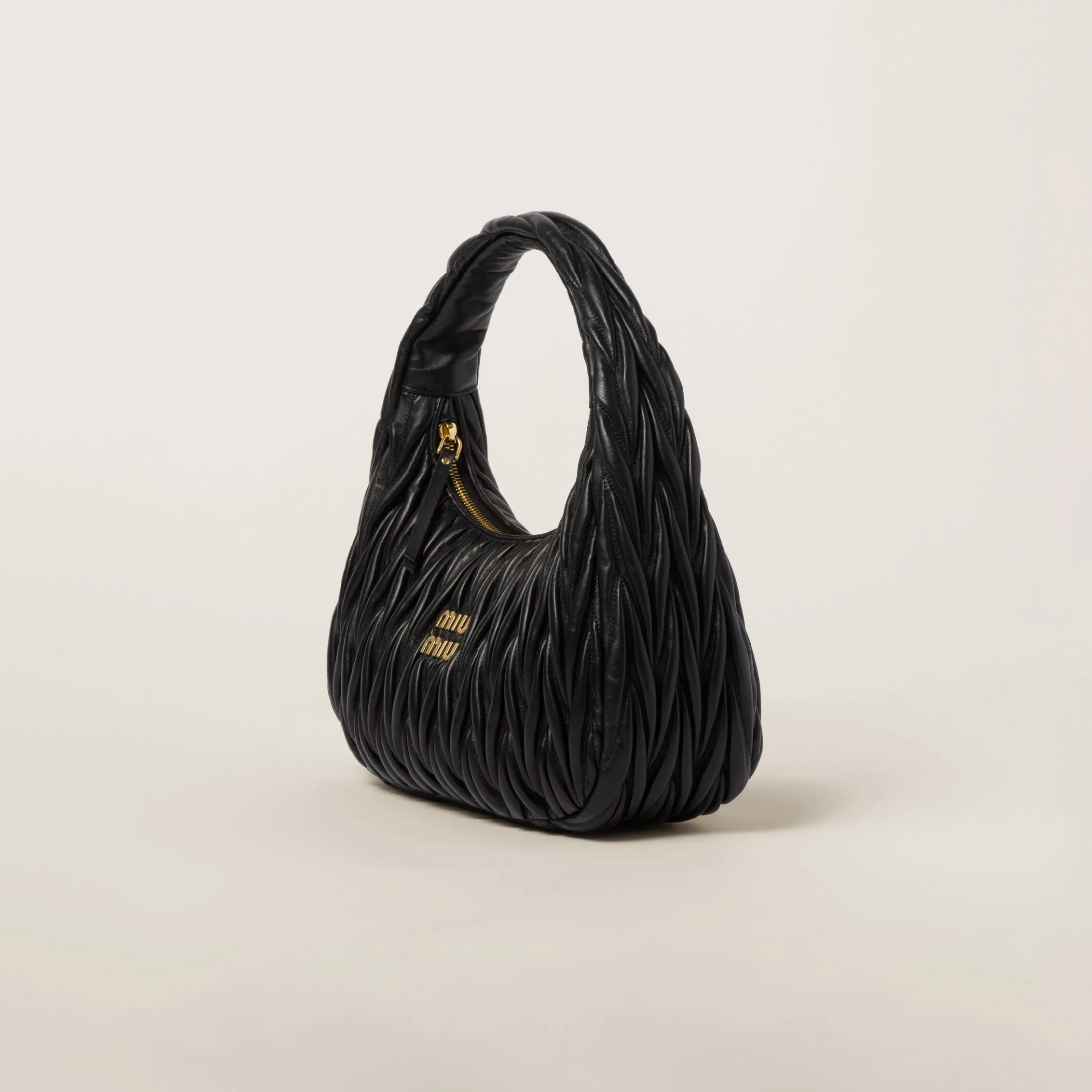 Black Wander Matelassé Nappa Leather Hobo Bag | Miu Miu