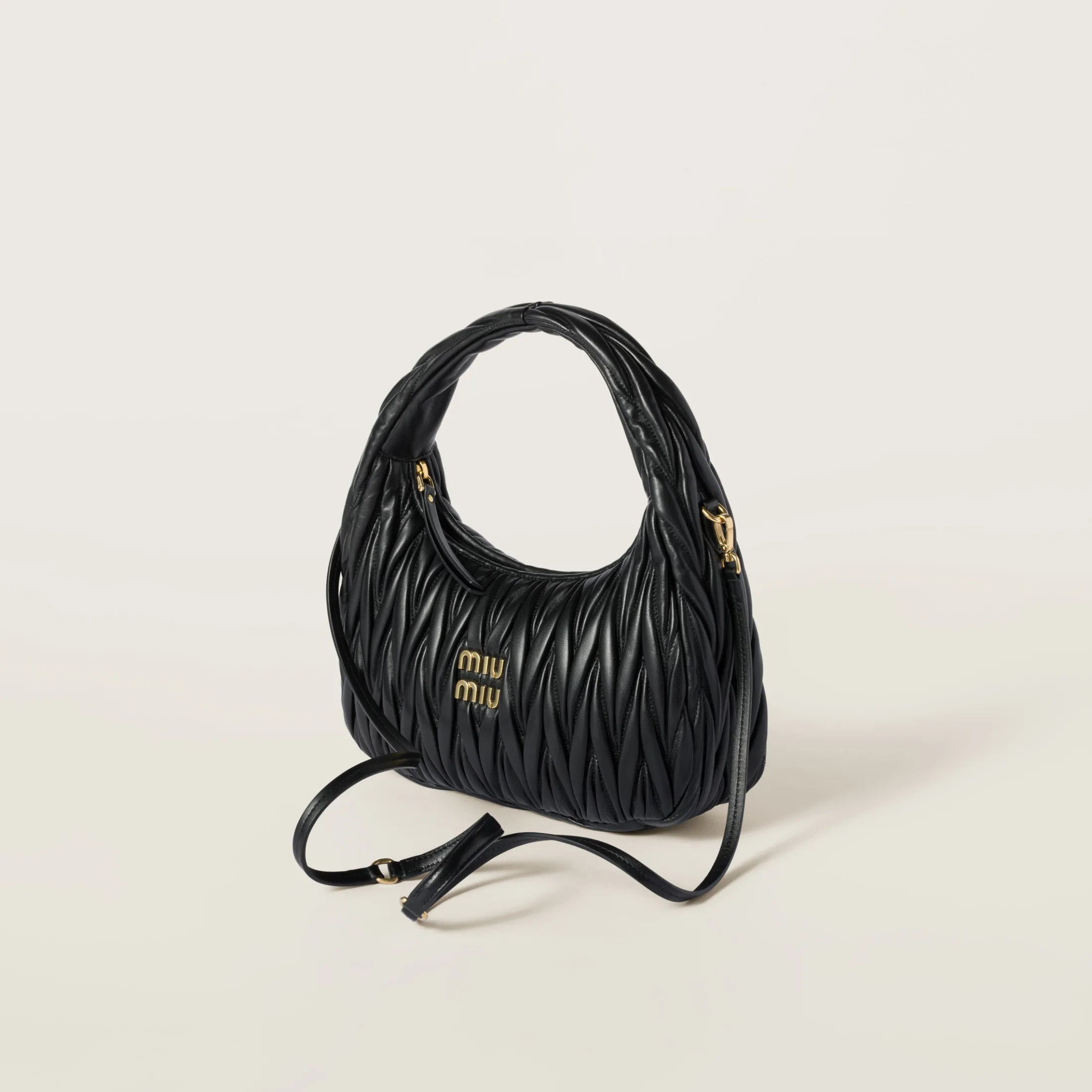 Black Wander Matelassé Nappa Leather Hobo Bag | Miu Miu
