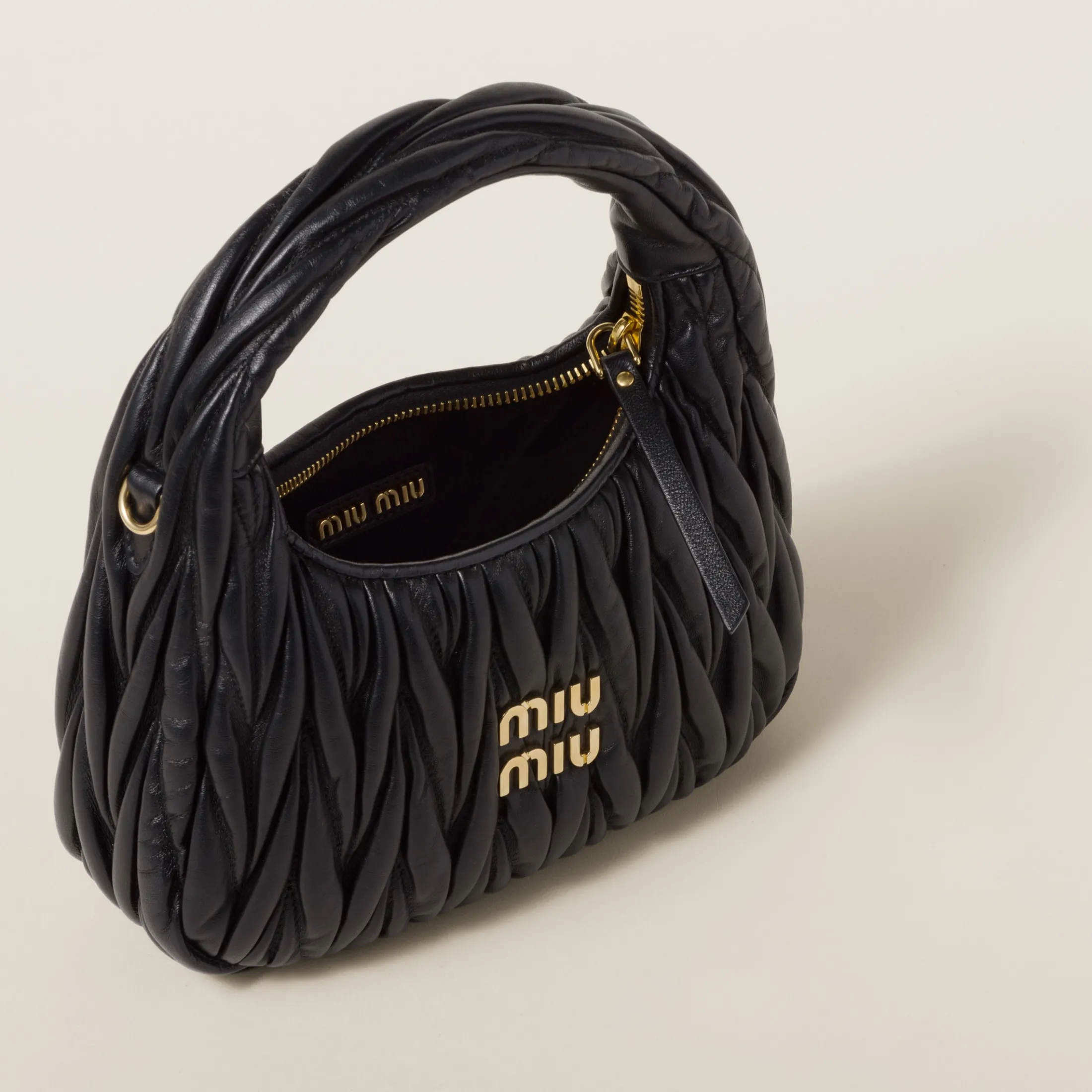 Black Wander Matelassé Nappa Leather Hobo Bag | Miu Miu