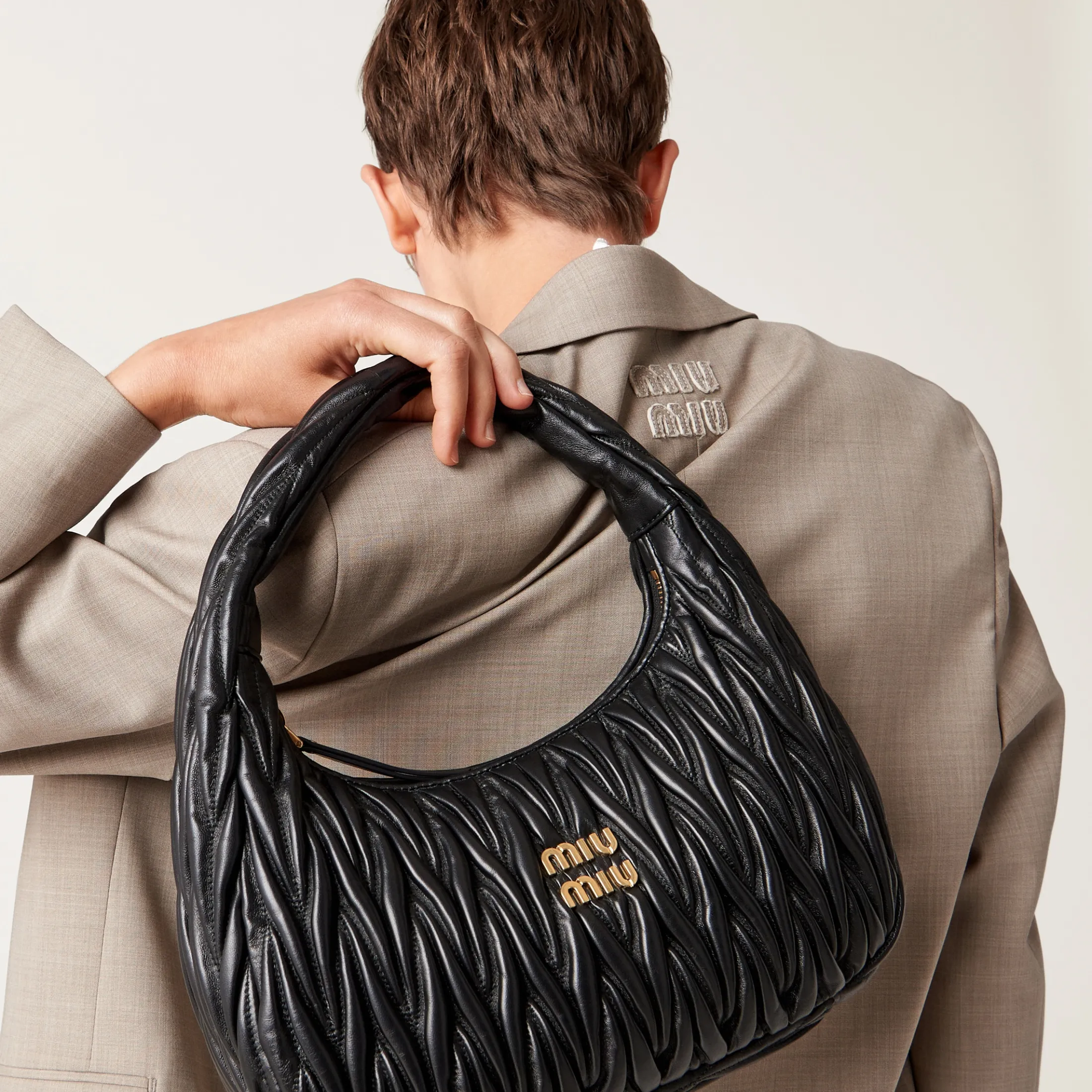 Black Wander Matelassé Nappa Leather Hobo Bag | Miu Miu