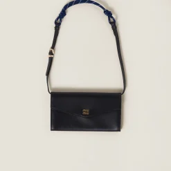 Black/baltic Blue Leather Wallet With Leather And Cord Shoulder Strap | Miu Miu