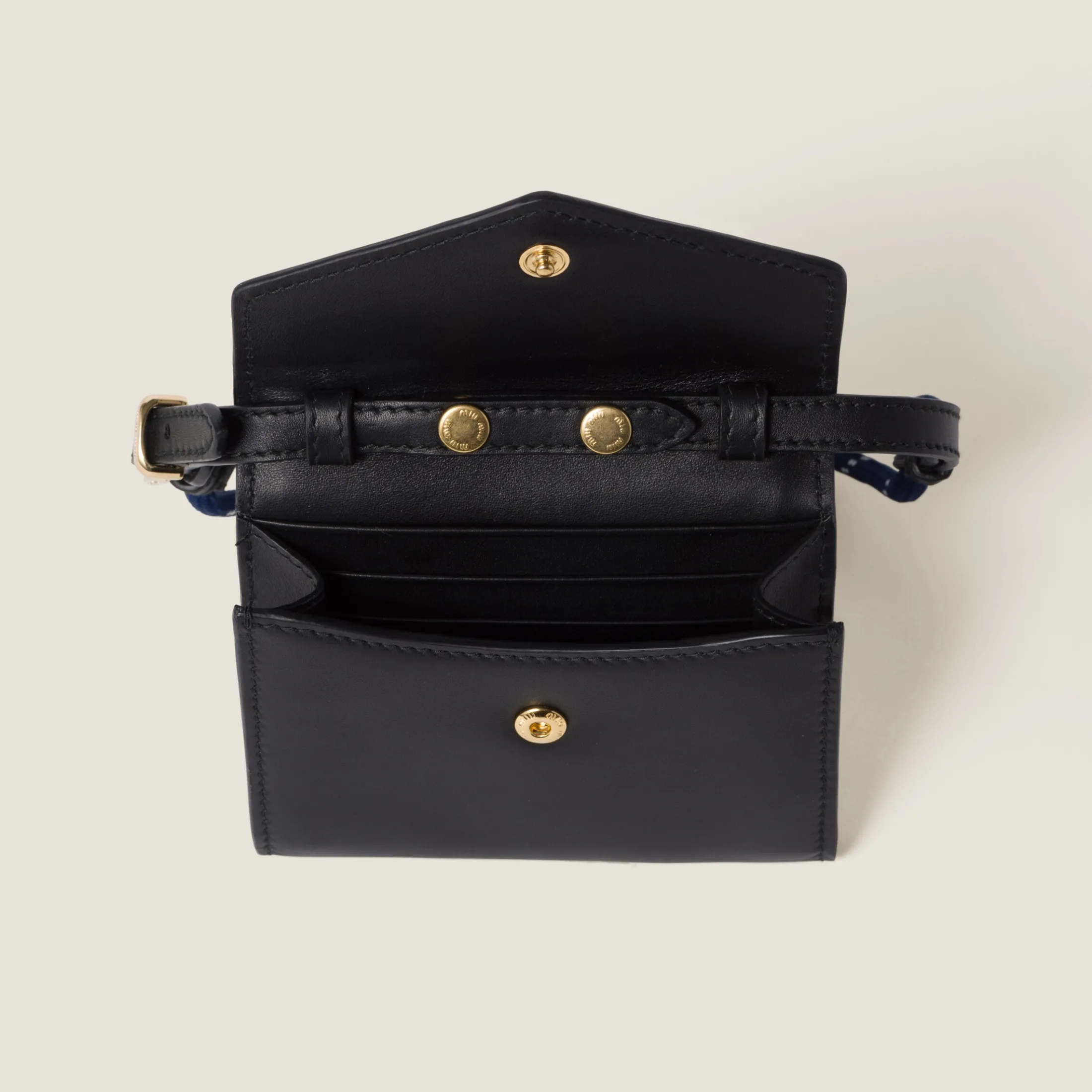 Black/baltic Blue Leather Wallet With Leather And Cord Shoulder Strap | Miu Miu