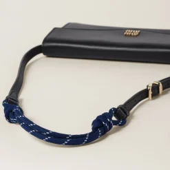 Black/baltic Blue Leather Wallet With Leather And Cord Shoulder Strap | Miu Miu