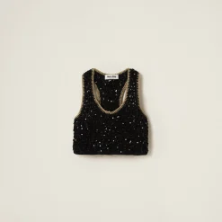 Black/gold Sequined Cotton Crochet Top | Miu Miu