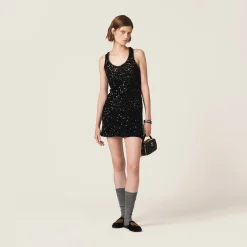 Black/gold Sequined Cotton Mini-dress | Miu Miu