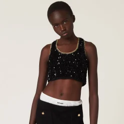 Black/gold Sequined Cotton Crochet Top | Miu Miu