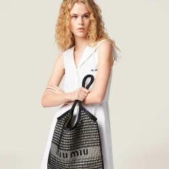 Black/tan Woven Fabric And Linen Mini-tote Bag | Miu Miu