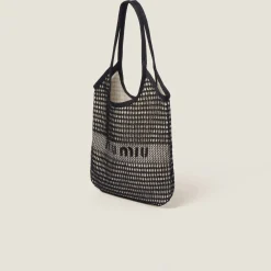 Black/tan Woven Fabric And Linen Mini-tote Bag | Miu Miu