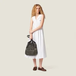 Black/tan Woven Fabric And Linen Mini-tote Bag | Miu Miu