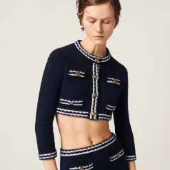 Blue/beige Cashmere And Silk Knit Cardigan | Miu Miu