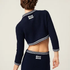 Blue/beige Cashmere And Silk Knit Cardigan | Miu Miu