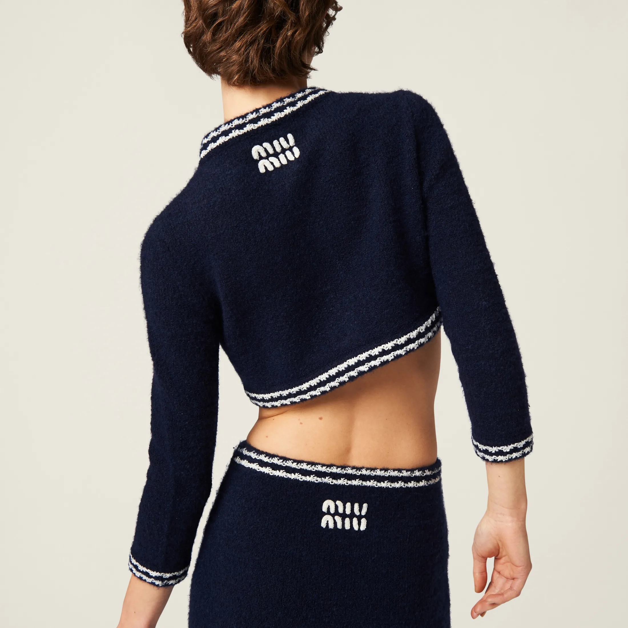 Blue/beige Cashmere And Silk Knit Cardigan | Miu Miu