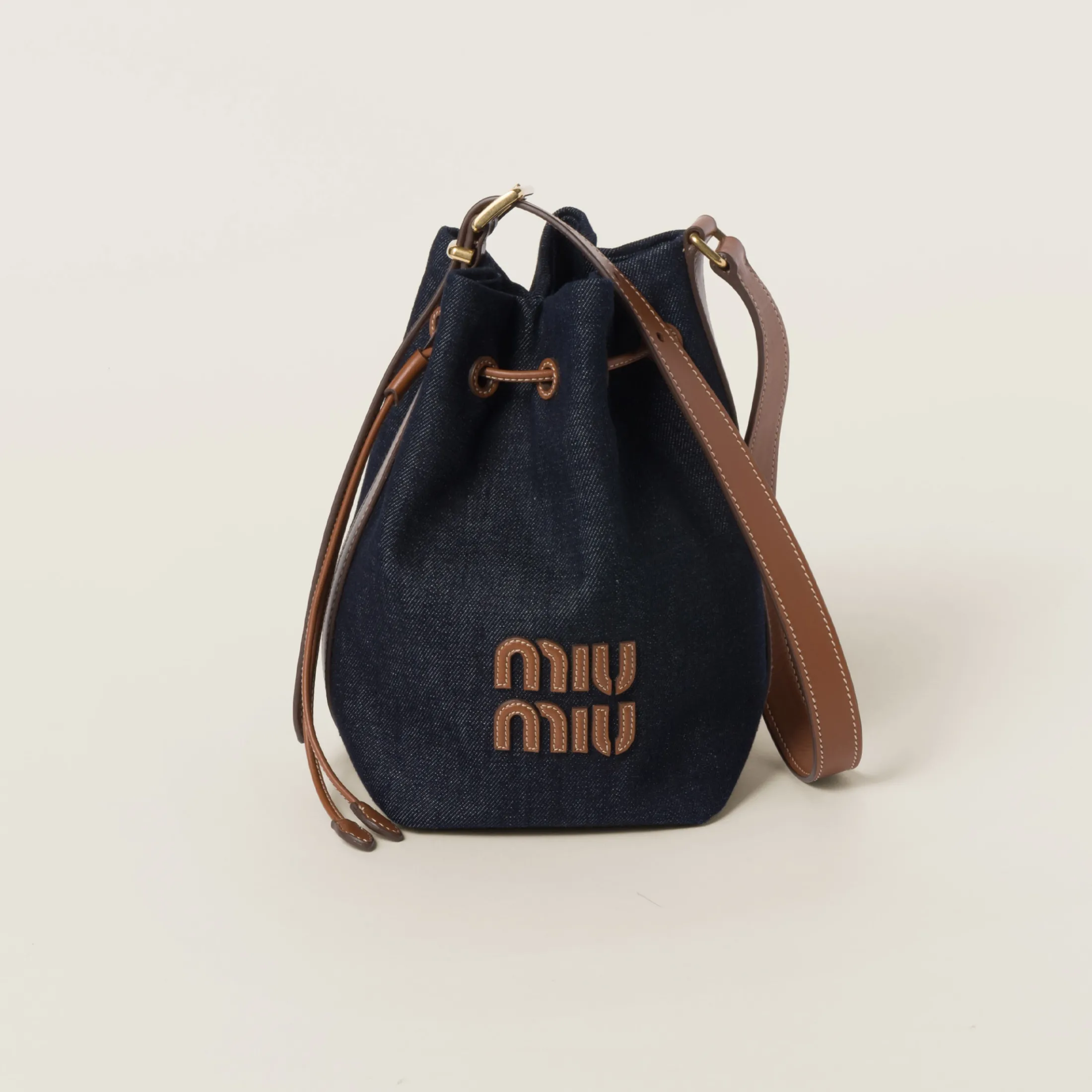 Blue/brandy Denim And Leather Bucket Bag | Miu Miu
