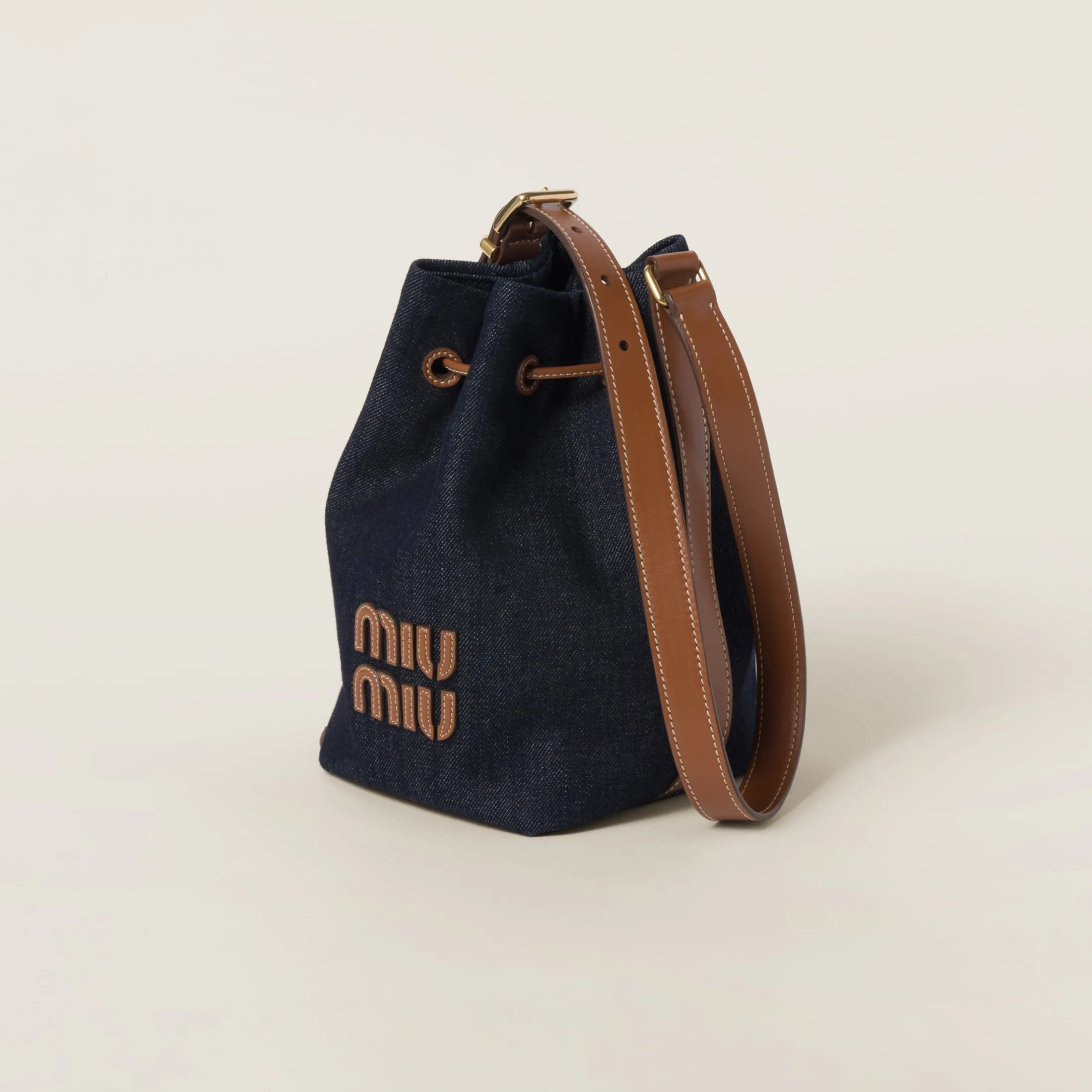 Blue/brandy Denim And Leather Bucket Bag | Miu Miu