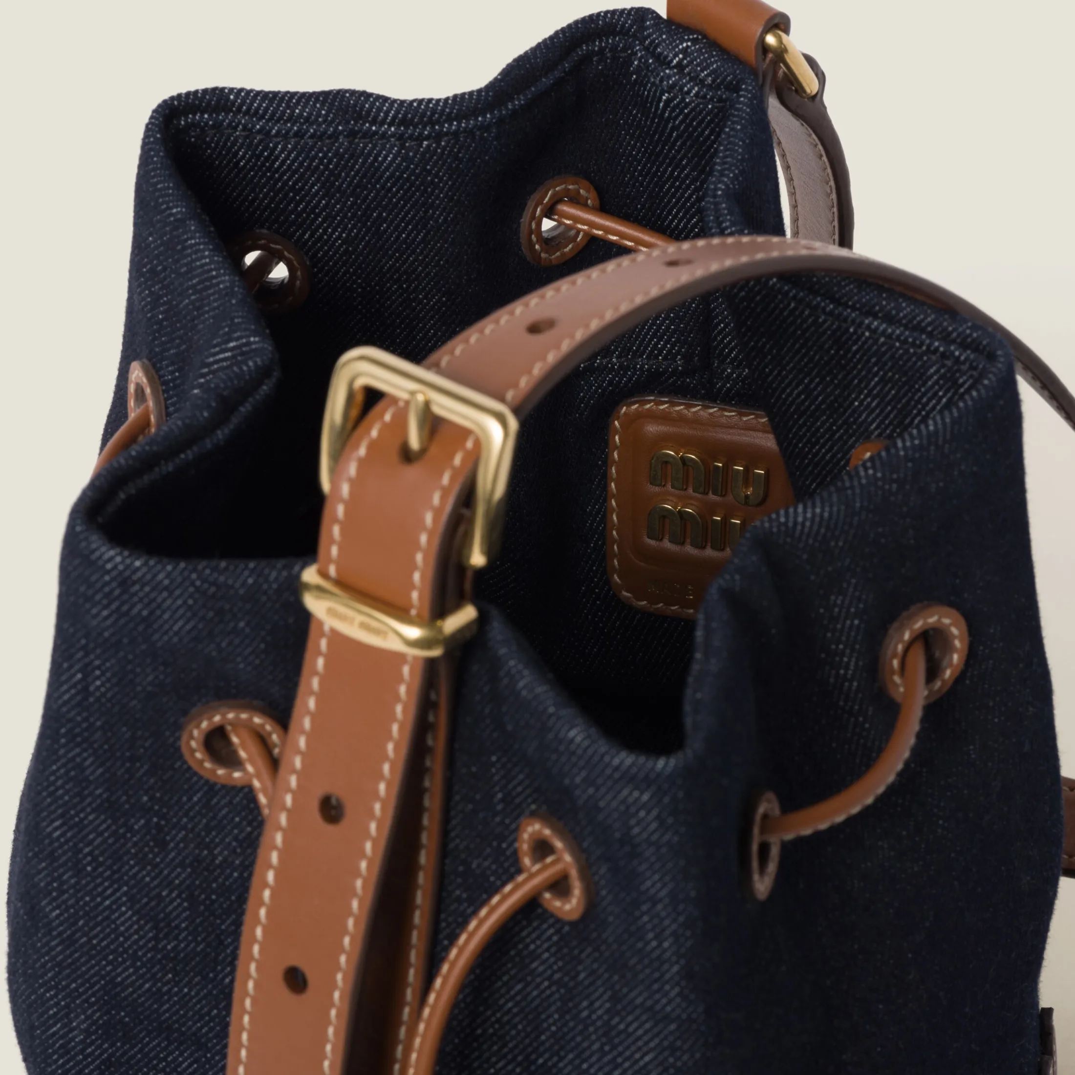 Blue/brandy Denim And Leather Bucket Bag | Miu Miu