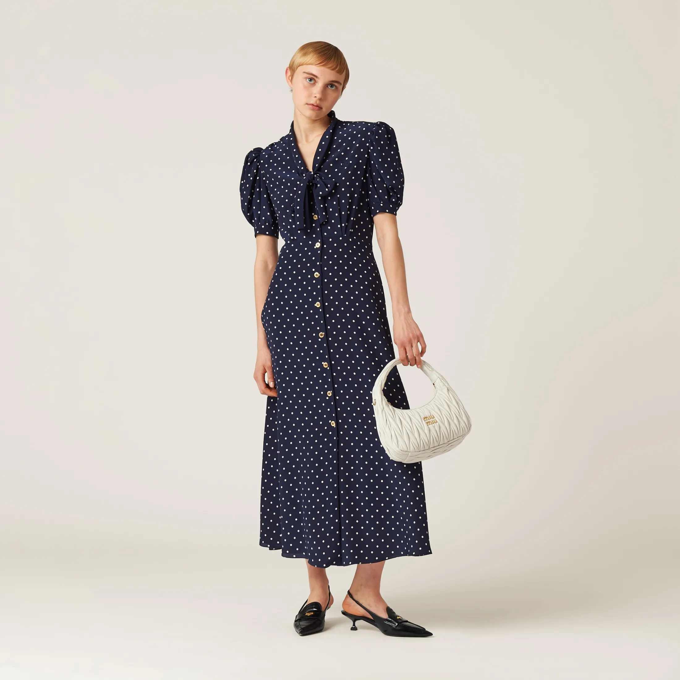 Blue/ivory Printed Crepe De Chine Dress | Miu Miu