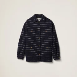 Blue/ivory Striped Bouclé Blouson Jacket | Miu Miu