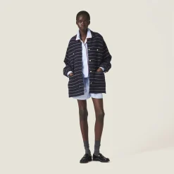 Blue/ivory Striped Bouclé Blouson Jacket | Miu Miu
