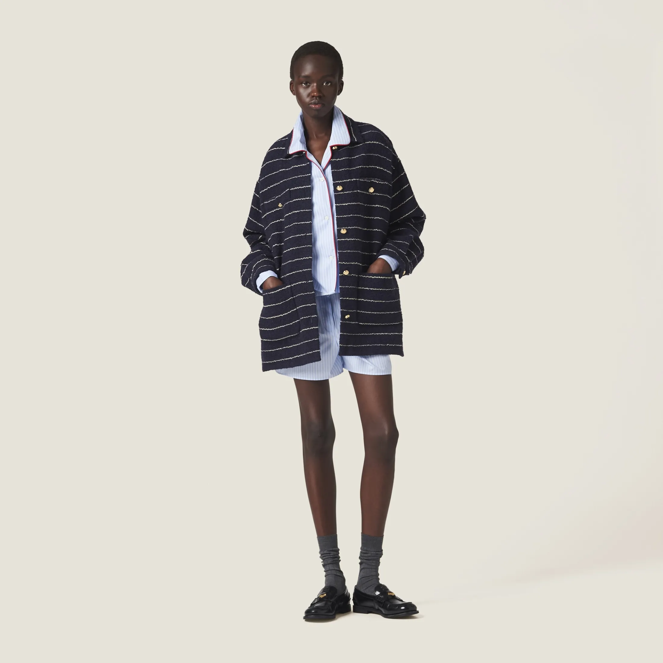 Blue/ivory Striped Bouclé Blouson Jacket | Miu Miu