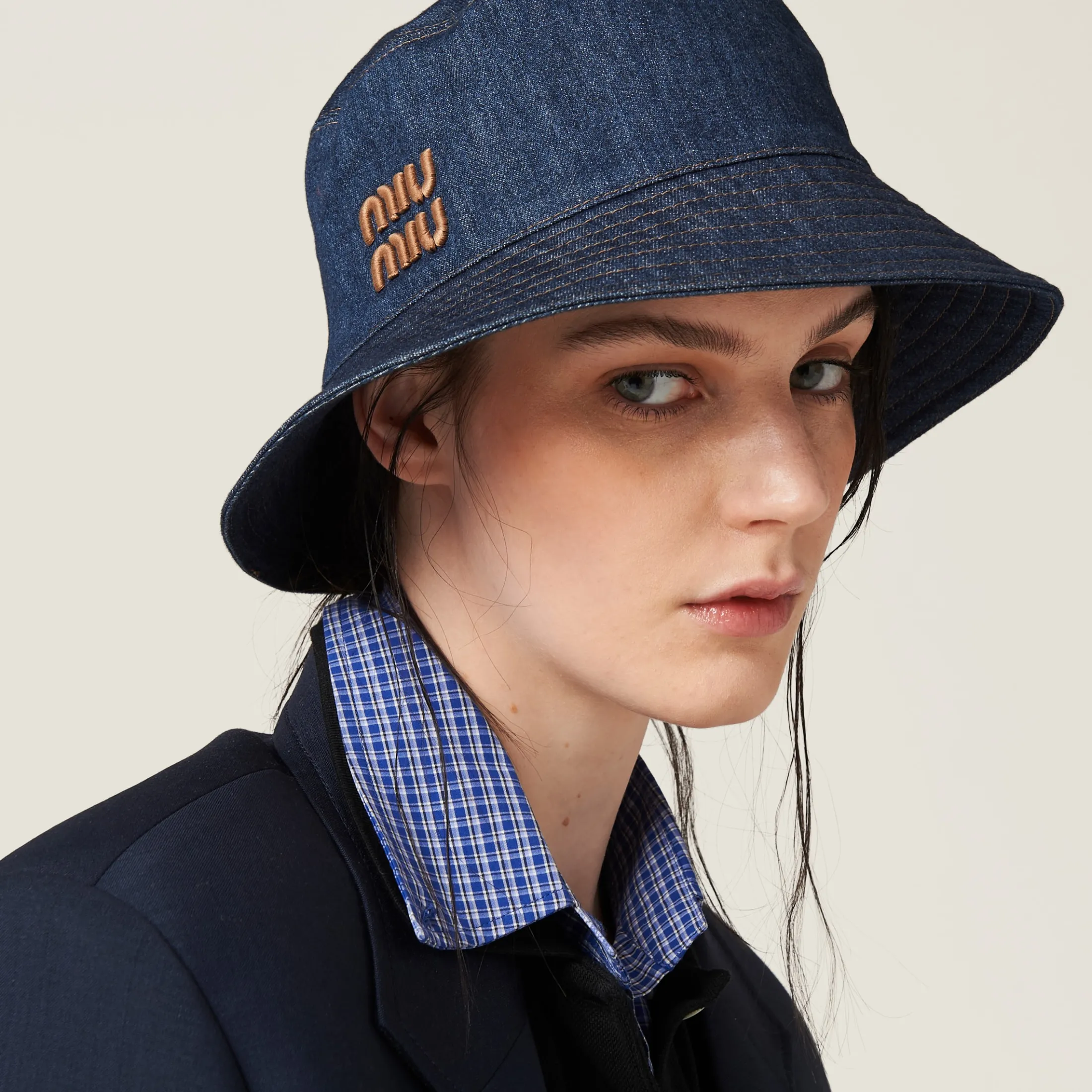 Blue+tobacco Denim Bucket Hat | Miu Miu