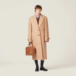 Camel Brown Padded Single-breasted Tweed Coat | Miu Miu