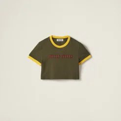 Camouflage/yellow Embroidered Cotton Jersey T-shirt | Miu Miu
