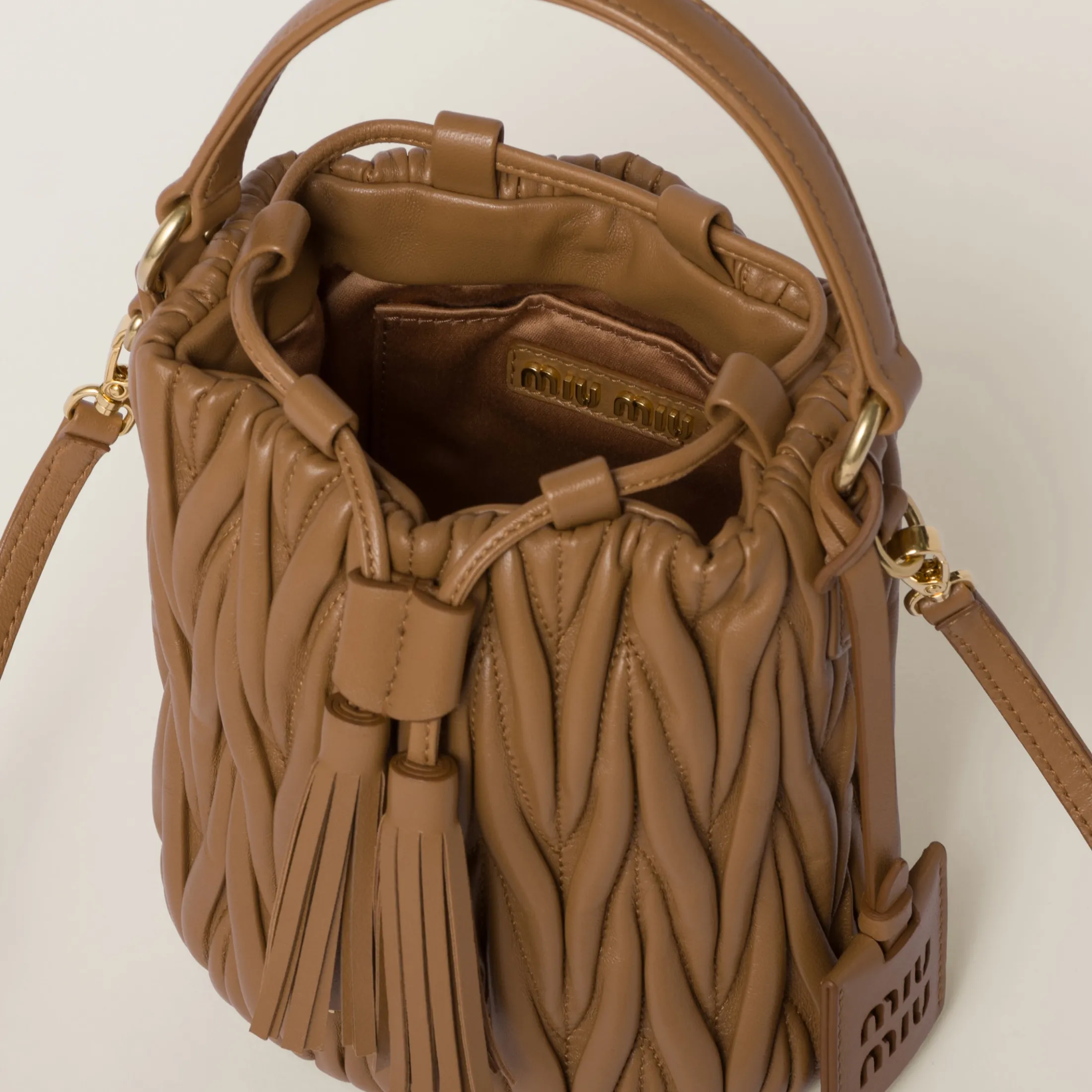 Caramel Matelassé Nappa Leather Bucket Bag | Miu Miu