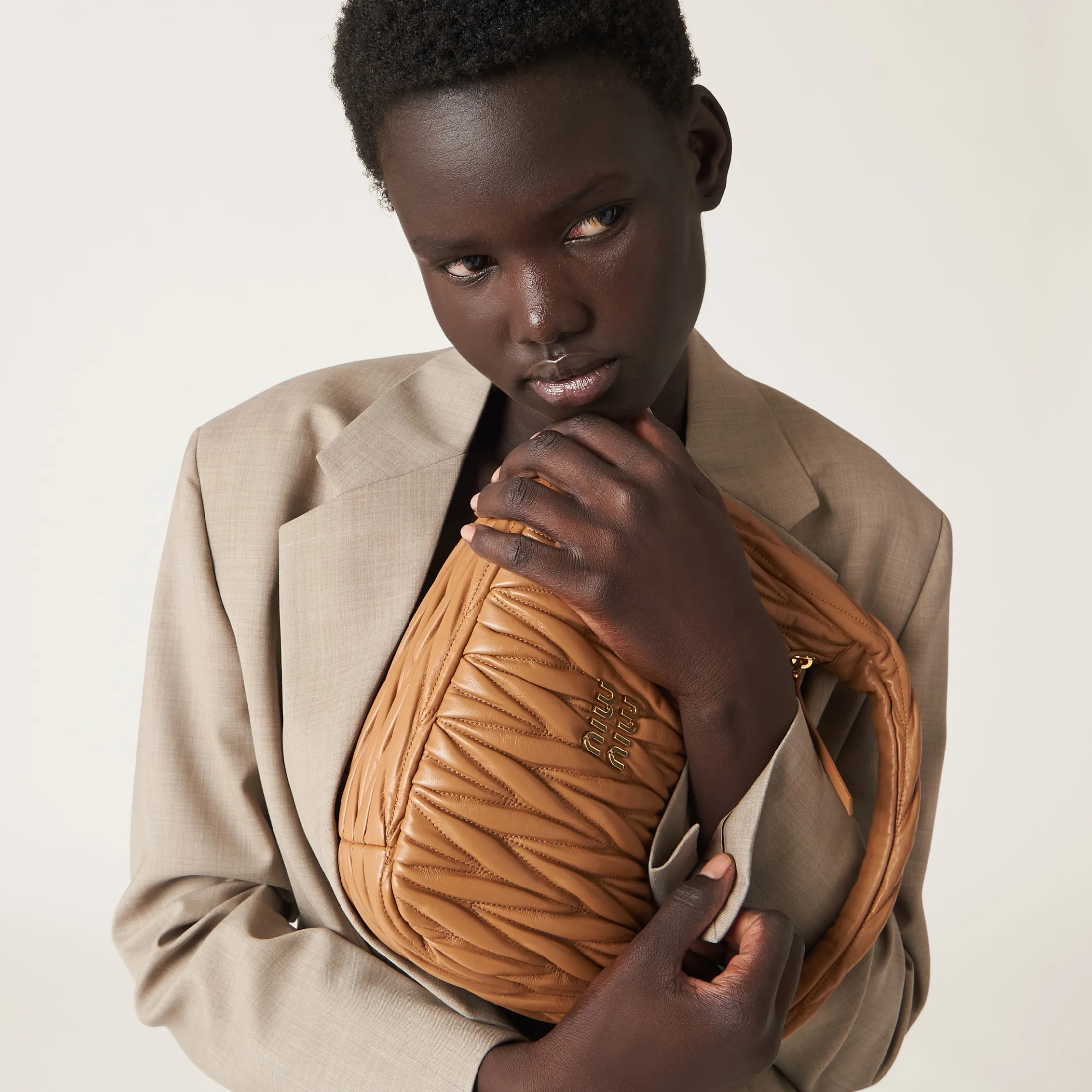 Caramel Wander Matelassé Nappa Leather Hobo Bag | Miu Miu