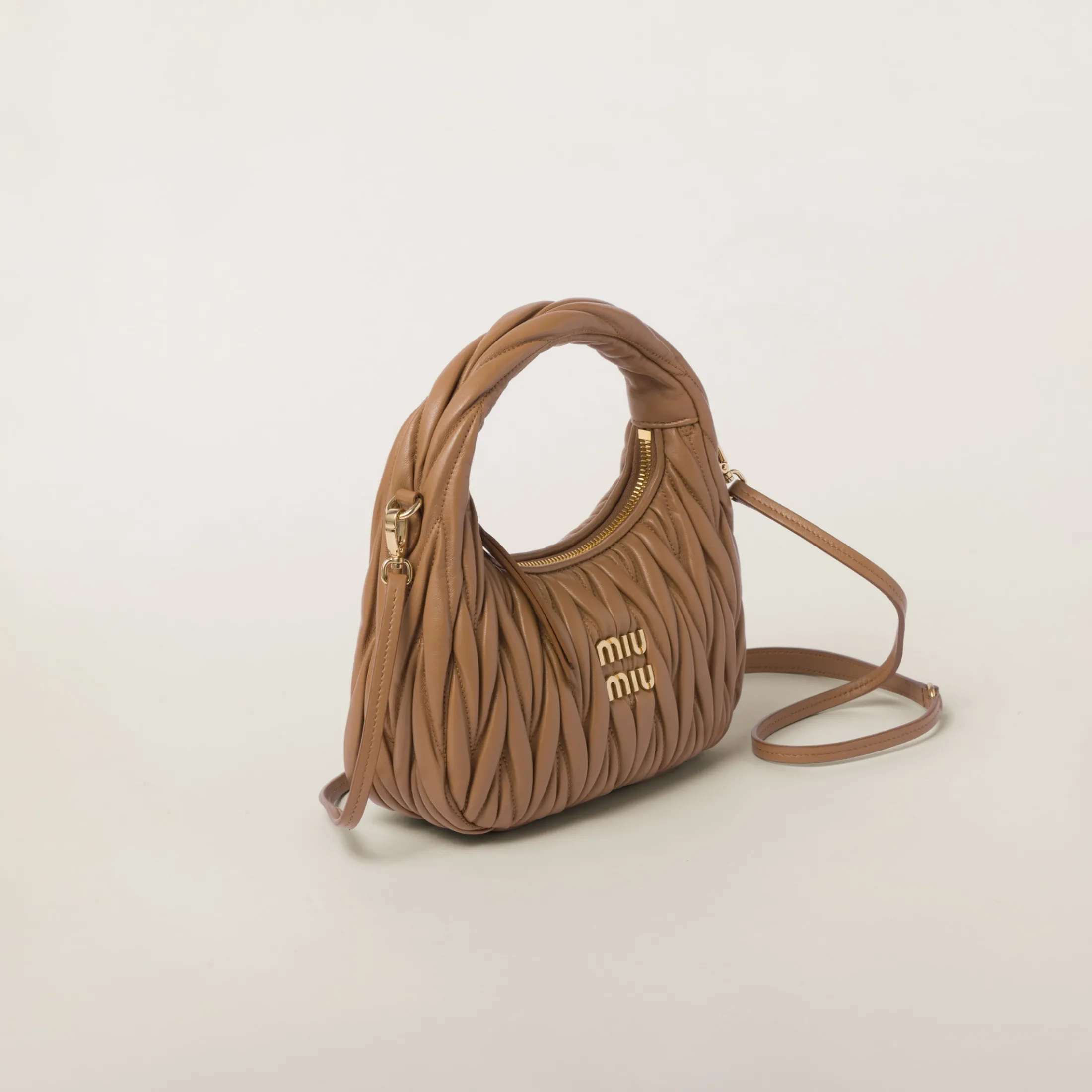 Caramel Wander Matelassé Nappa Leather Hobo Bag | Miu Miu