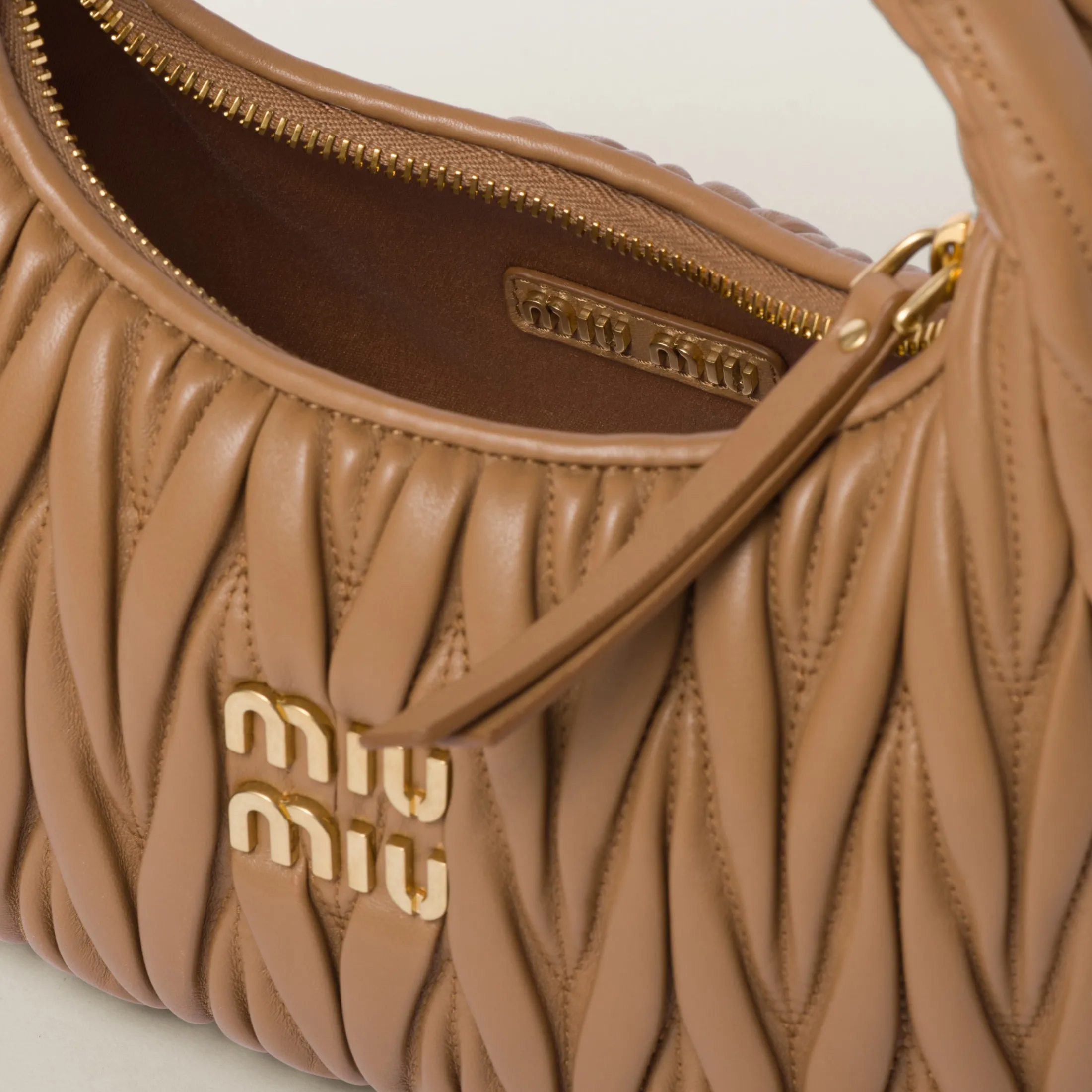 Caramel Wander Matelassé Nappa Leather Hobo Bag | Miu Miu