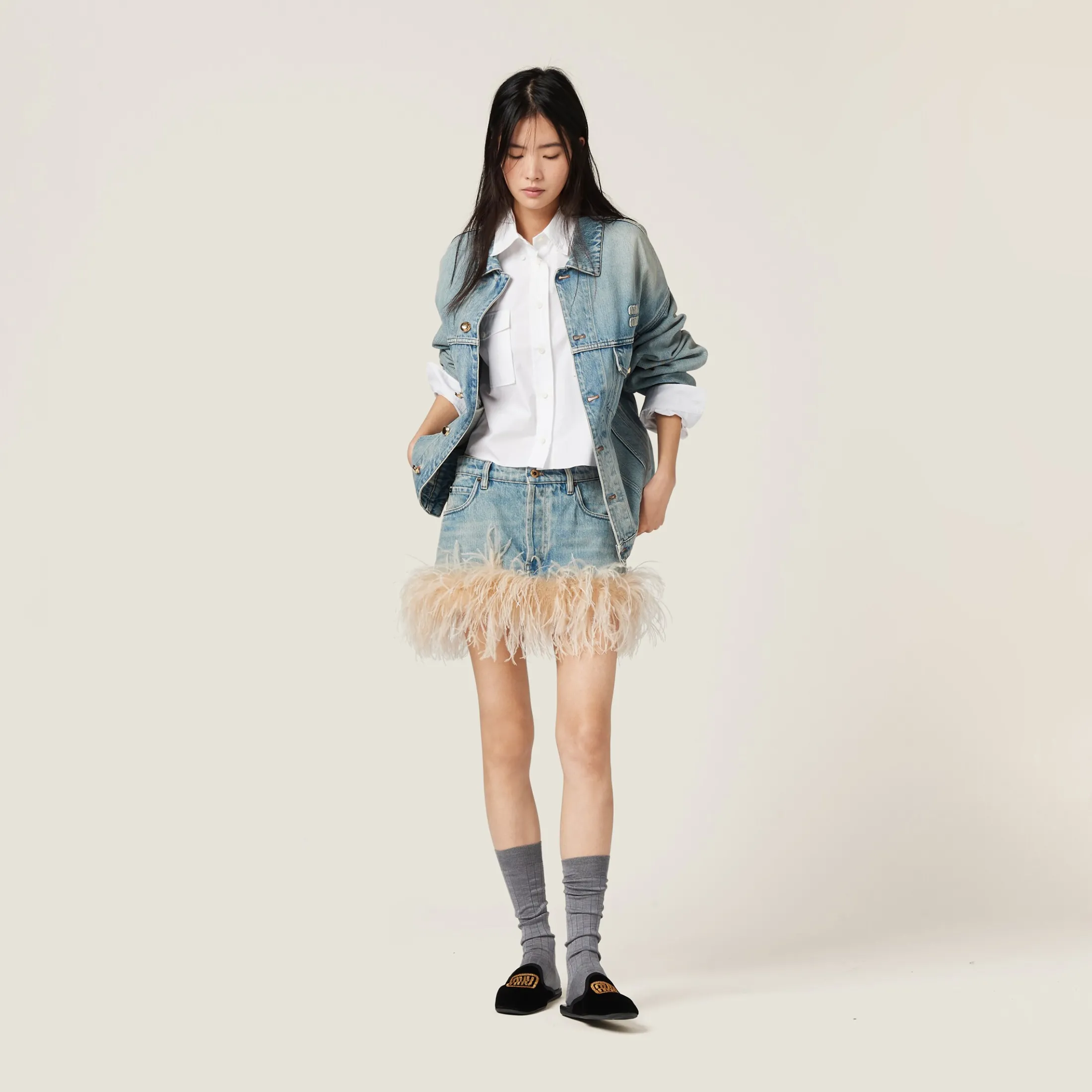Celeste/albino White Denim Miniskirt | Miu Miu