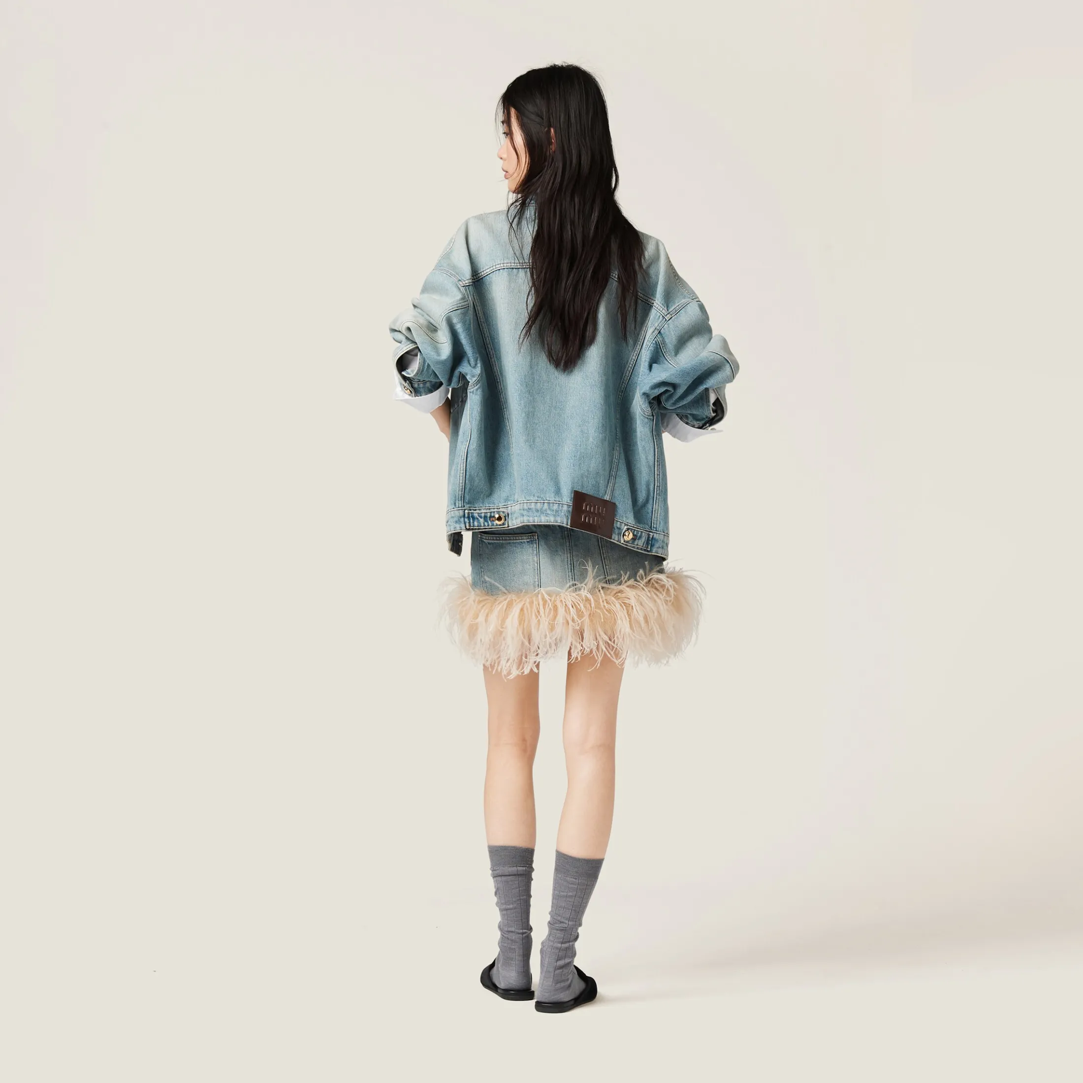 Celeste/albino White Denim Miniskirt | Miu Miu