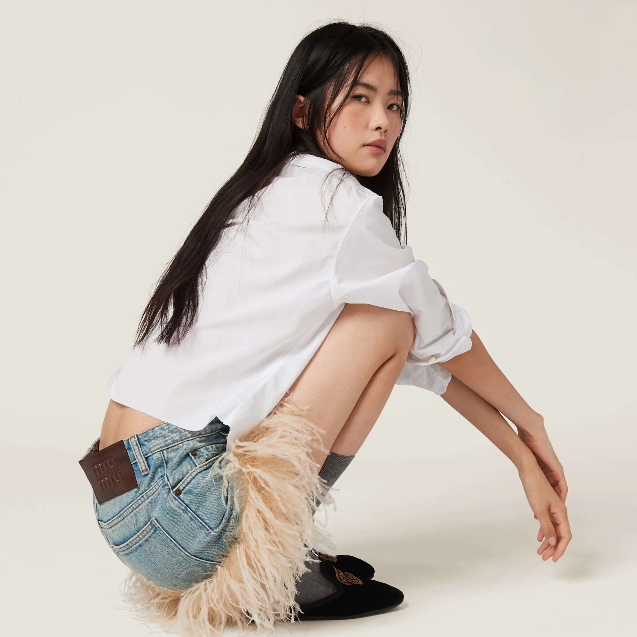 Celeste/albino White Denim Miniskirt | Miu Miu