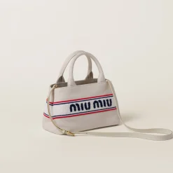 Chalk Canvas Handbag With Embroidered Logo | Miu Miu