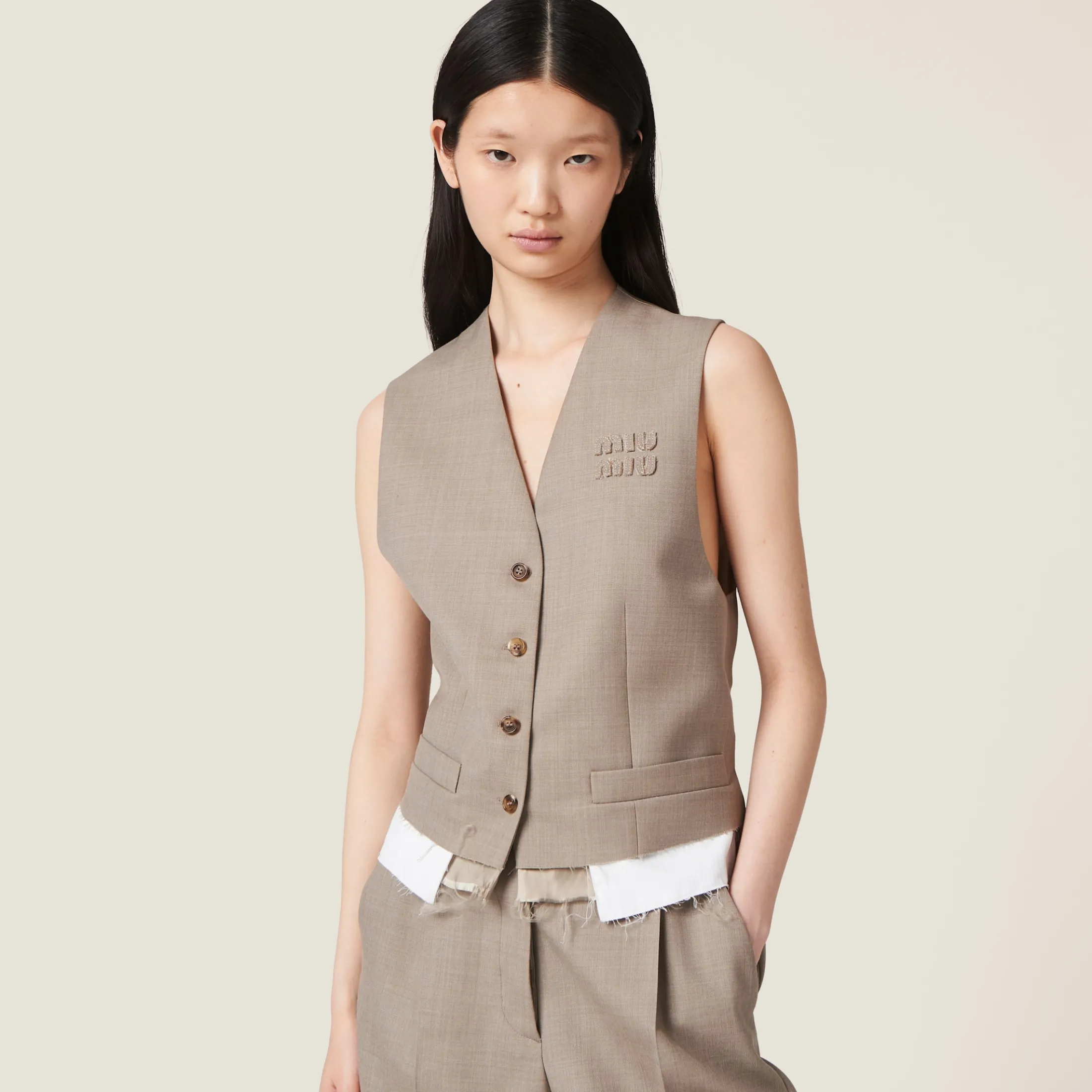 Clay Grey Single-breasted Gabardine Vest | Miu Miu