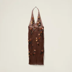 Cocoa Brown Chiffon Dress With Floral Embroidery | Miu Miu