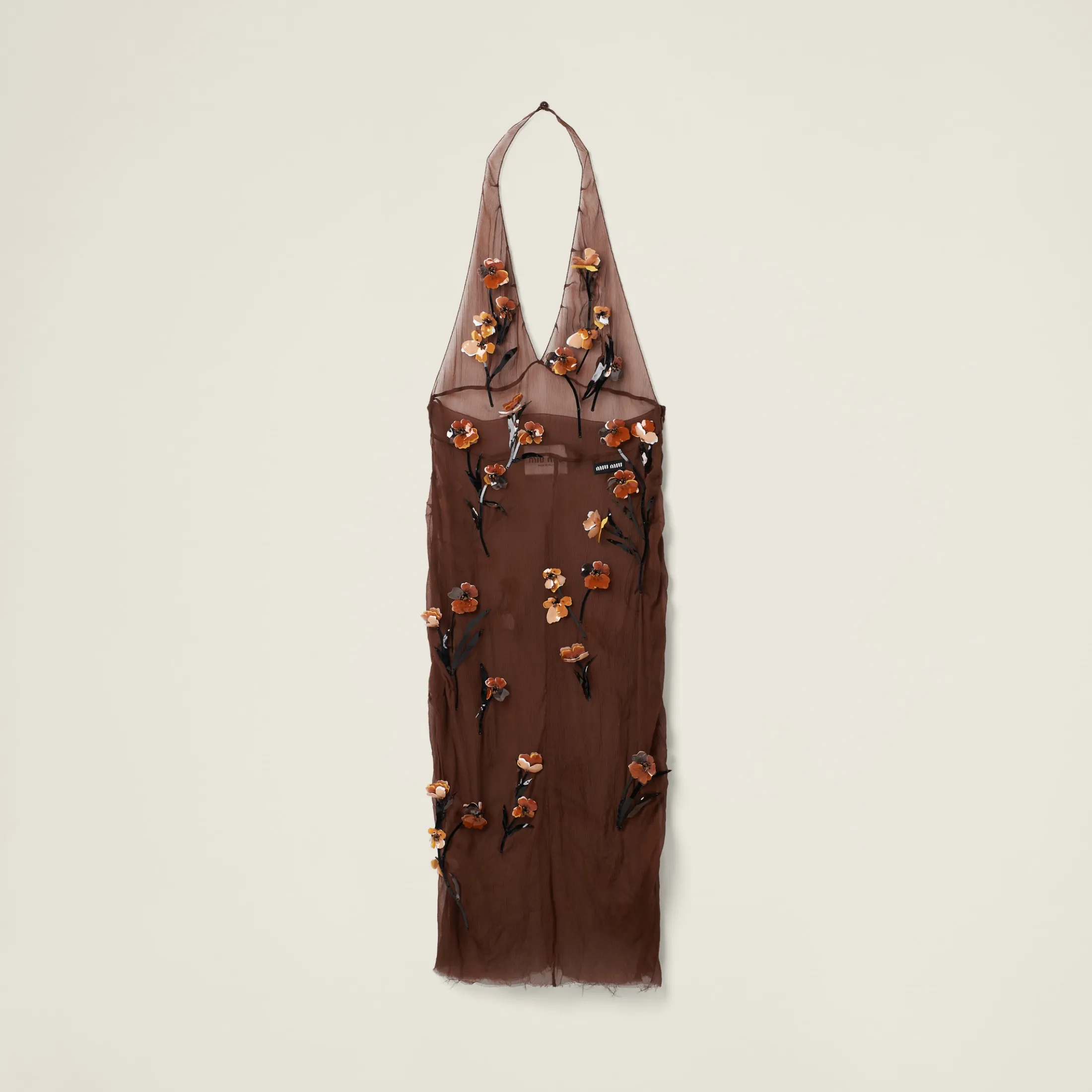 Cocoa Brown Chiffon Dress With Floral Embroidery | Miu Miu