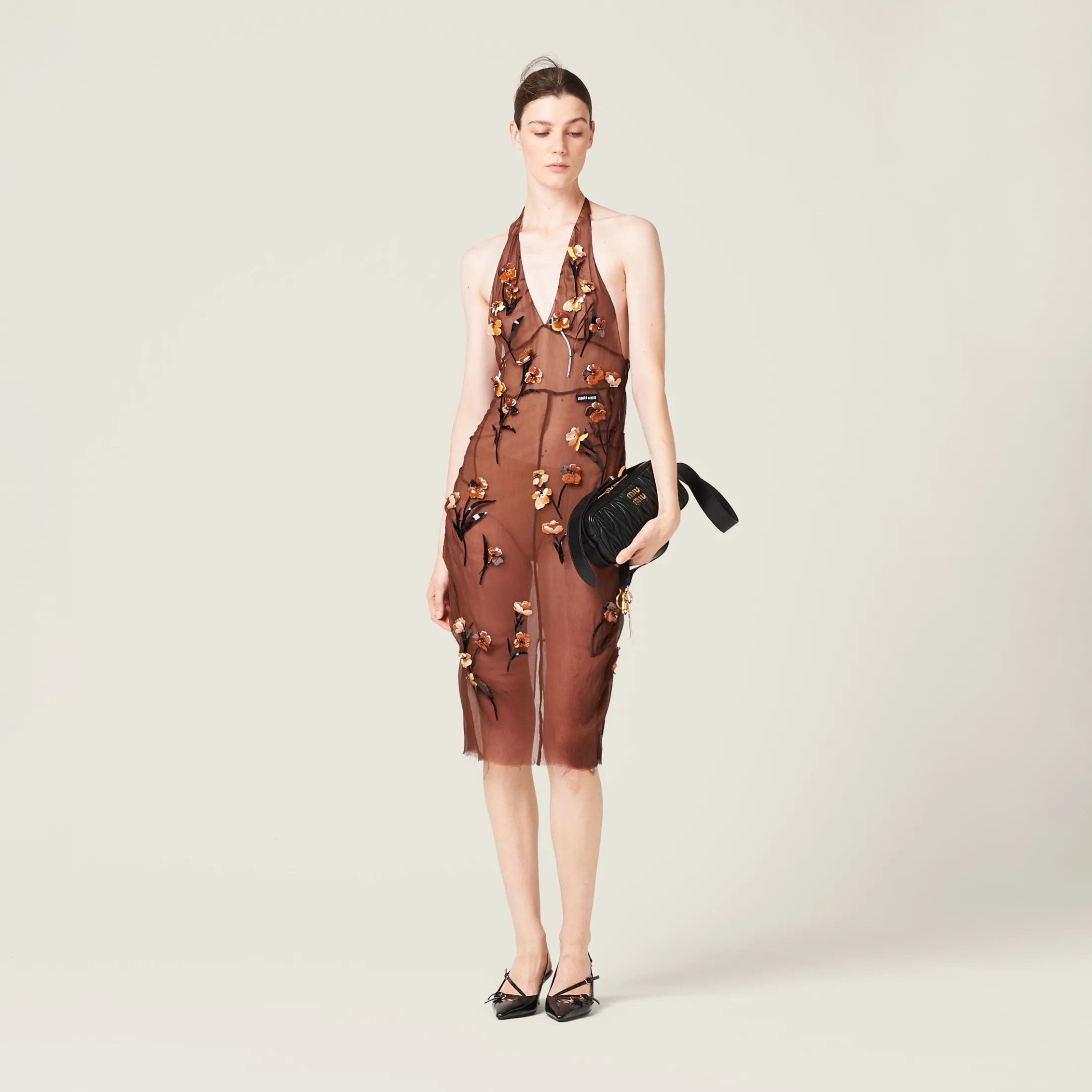 Cocoa Brown Chiffon Dress With Floral Embroidery | Miu Miu
