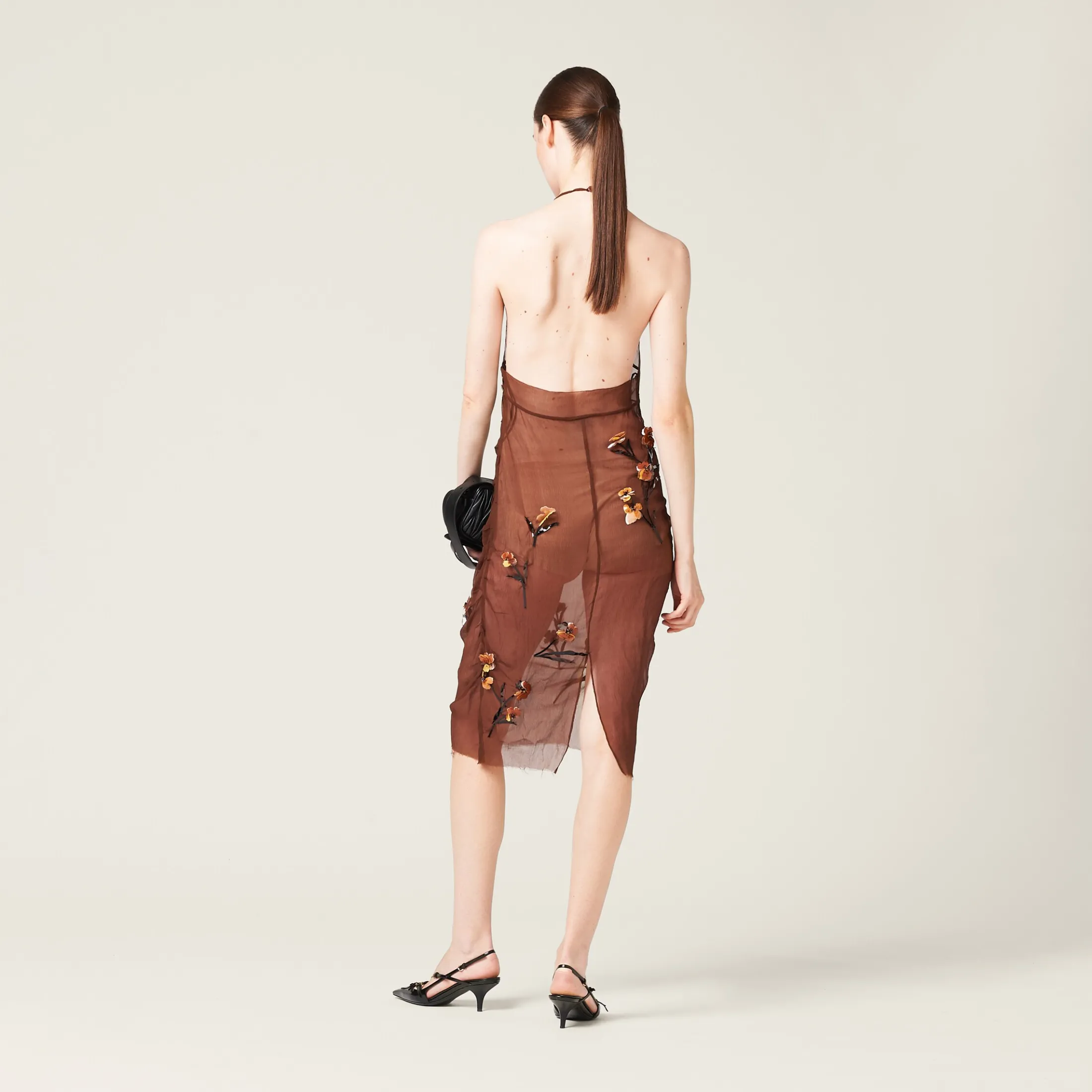 Cocoa Brown Chiffon Dress With Floral Embroidery | Miu Miu